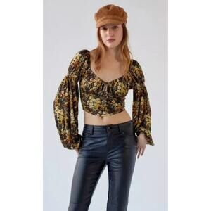 Urban Outfitters Elowen puff sleeve blouse cropped peasant corset fall floral S